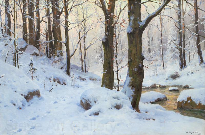 Walter Moras Bachlauf im Winterwald. Norge oil painting art